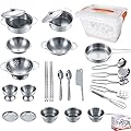 KEJIH Cooking Utensils Set 25 Pieces Stainless Steel Kitchen Toys Pretend Play Pots Pans Toy Cookware Kits for Kids Come with a Handy Storage Box Role Play Educational Toys for Toddlers Small Size