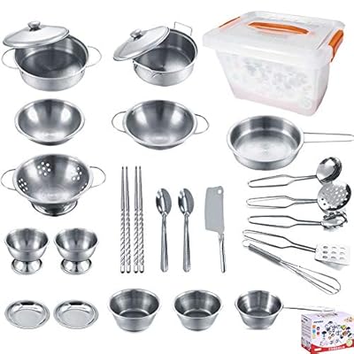 KEJIH Cooking Utensils Set 25 Pieces Stainless Steel Kitchen Toys Pretend Play Pots Pans Toy Cookware Kits for Kids Come with a Handy Storage Box Role Play Educational Toys for Toddlers Small Size