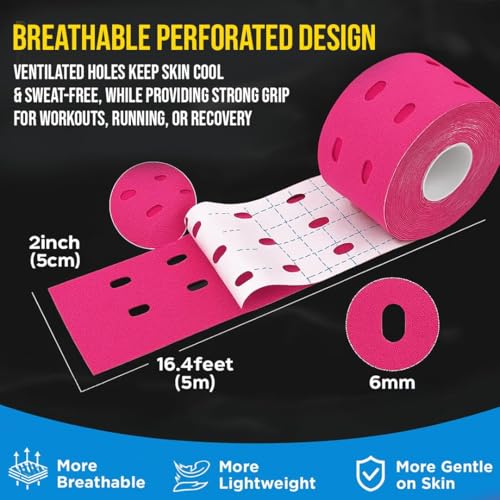 Image of PulseITSportsTape Kinesiology Tape- Waterproof & Sweatproof Sports Tape for Muscle Support, Pain Relief & Injury Recovery | Athletic Physio Tape for Knee, Shoulder, Ankle. 5cm x 5m (with Holes, Pink)