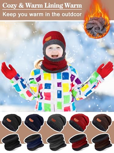 Toulite 75 Pcs Kids Winter Beanies Gloves Scarf Bulk for Boys Girls,Warm Fleece Lining Hats Gloves Neck Warmer Homeless Gift4