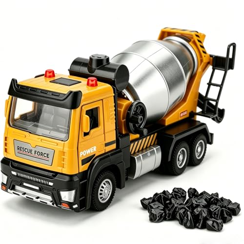 LOVEPOSELY Mixer Toy Truck for Kids, Pull Back Engineering Mixer Toy Vehicles with Sounds and Lights, Educational Toy Cars for Kids Christmas Birthday Gift Car Yellow