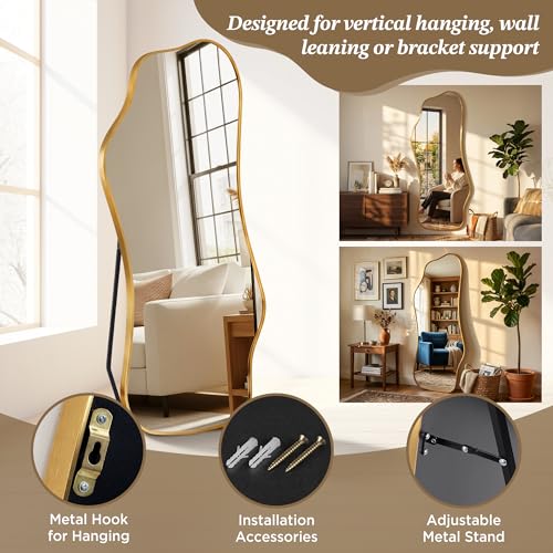 Image of Mirror Full Length - Irregular Full Body Mirror Standing or Leaning or Wall Hanging 62.2 inchx 22.8 inch Asymmetrical Aviation Aluminum Alloy Frame Unique for Bedroom, Living Room, Cloakroom, Entryway