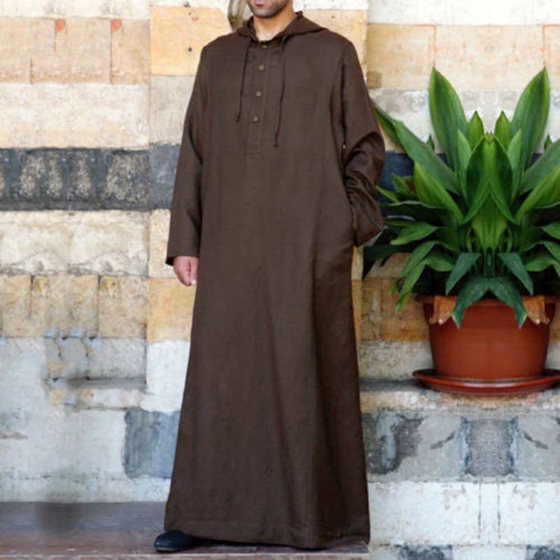 Zeiyignr Men's Muslim Arab Caftan Long Sleeve Hooded Button Up Long Gown Middle East Ramadan Islamic Abaya Thobe Dubai Robe4