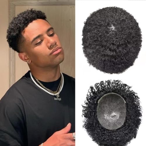 Brazilian Human Hair Replacement System For Black Men - Afro Coily Toupee with Kinky Curly Hair - PU Skin, #1B Off Black Afro Wave 8mm