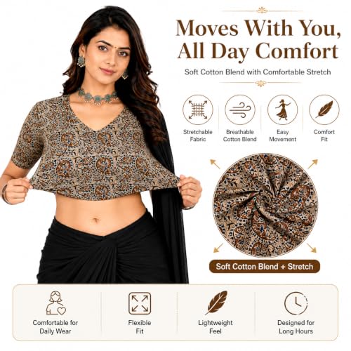 Image of Mogsa Women's Kalamkari Print Cotton Stretchable V-Neck Readymade Saree Blouse | Soft Cotton Blend | Stretch Fabric | Ready-to-Wear