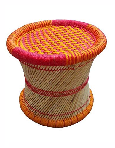 Handmakers ! Natural Bamboo Mudda Stool with Orange and Red (15") (15X11, Orange)