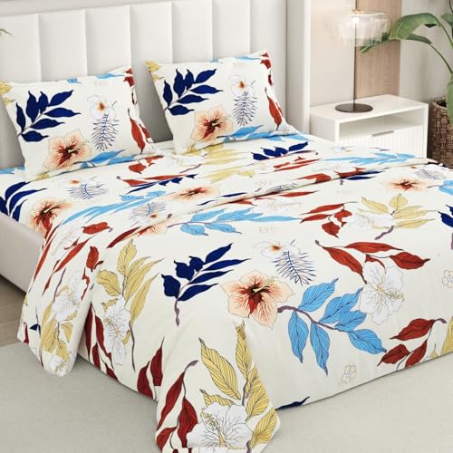 Image of Rivermoor 200 TC Ultrasoft Cotton Bedsheet for Double Bed | Queen Size Bed Sheet with 2 Pillow Covers | Beige Floral Print | 88 x 96 Inches | Breathable & Hypoallergenic