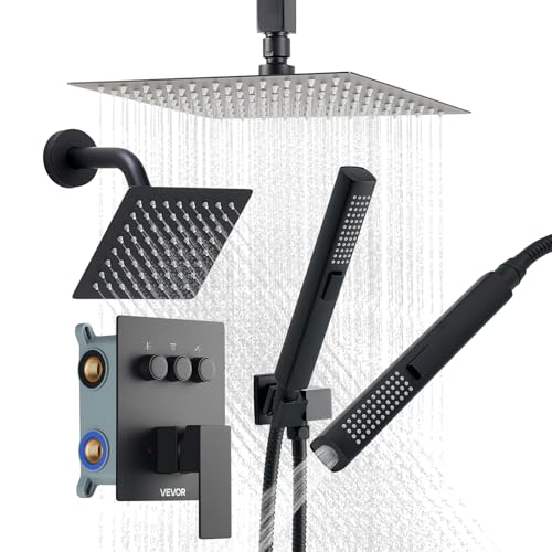 VEVOR Sistema de Ducha, Incluye Ducha de Lluvia de 25,4 cm, Cabezal de Pared de 15,24 cm, Cabezal de Lluvia Doble Giratorio 3 Funciones, Válvula de Latón y Kit de Embellecedor, Color Negro Mate