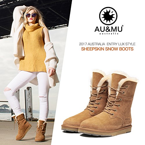 AU&MU Aumu Womens Shearling Leather Sheepskin Classic Lace up Mid Calf Flat Fur Winter Snow Boots…2