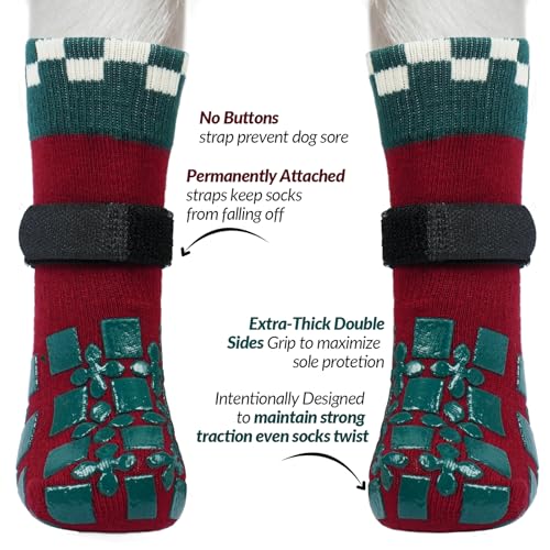 Image of ROZKITCH 2 Pairs Dog Paw Protectors, Christmas Gripper Socks for Hardwood Floors Paw Bandage Long Dog Socks Paw Wound Cover with Grips & Adjustable Straps Corgi, Schnauzer Christmas Red L
