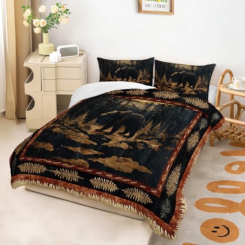 Image of Black Bear Comforter Set King Size for Kids Boys,Rustic Comforter Set,Cabin Woodland Forest Animals Hunting Bedding Set,Soft Microfiber Wildlife Quilt Set