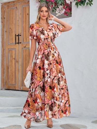 Image of Simplee Women's Boho Floral Maxi Dress Flowy Casual V Neck Short Sleeve Wedding Guest Holiday Beach Long Dress