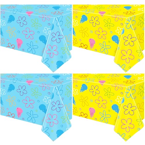TYXIVO 4Pcs Ocean Birthday Party Supplies Blue Ocean Flower Tablecloth 51x86 Inch Rectangle Sea Tablecloth Blue for Beach Pool Birthday Party Decoration Shower Supplies