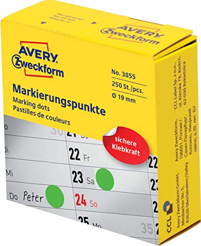 Avery Zweckform 3855 Punti Di Marcatura Autoadesivi (Ø 19 Mm, 250 Punti Adesivi Su Rotolo Nel Dispenser, Adesivi Rotondi Per Calendario, Agenda E Bric