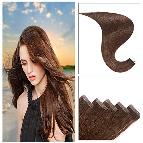 TOFAFA 16 inch Tape in Hair Extensions Remy Human Hair #4 Medium Brown Skin Weft Double Sided Tape In Extensions 20 Pieces 40g/Pack