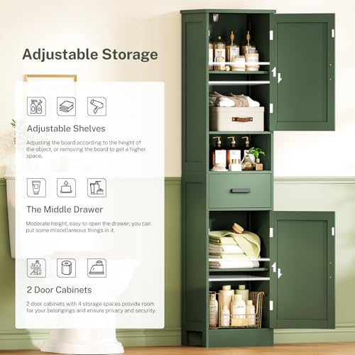 Image of TEENFON 67 inch H Tall Bathroom Storage Cabinet with Barn Doors and Drawer, Narrow Bathroom Cabinet, Narrow Storage Unit, Adjustable Shelves, Floor Cabinets for Living Room, Forest Green