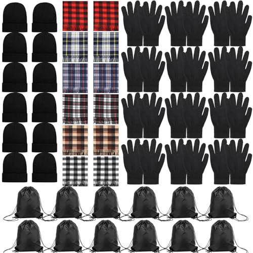 Vicenpal Winter Homeless Care Package Supplies Bulk Warm Beanies Hats Thermal Scarves Knit Gloves Drawstring Bags