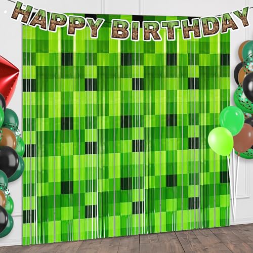 2 Pack Green Foil Fringe Curtains Pixel Birthday Backdrop, 3.2x6....