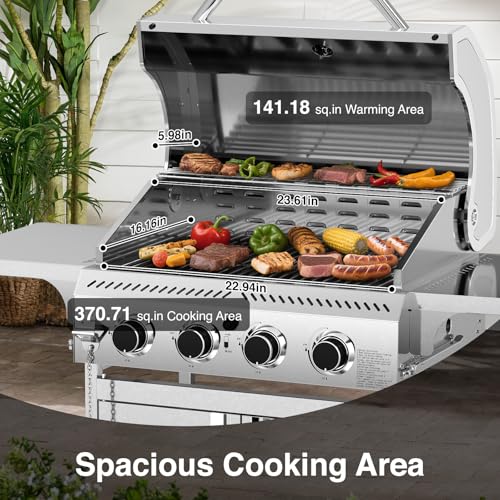4-Burner Propane Gas Grill with 304 Stainless Steel Cooking Grid, Hanging Hooks/Heat-Resistant Handle, 32000BTU Stainless Steel BBQ Grill with Portable Wheels for Camping/Patio/Backyard - Image 5