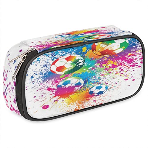 Image of Pardick Watercolor Football Big Capacity Pencil Pen Case Soccer Large Pencil Pouch with Zipper Compartments Pencil Bag for Boys Girls Adults Student Office School Supplies