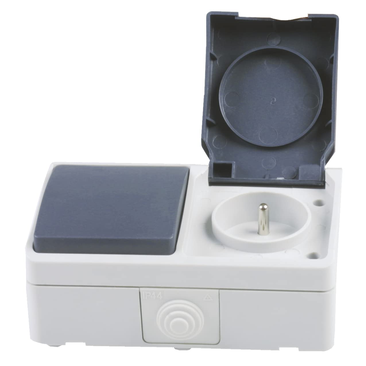 Amig - Interruptor Simple de Sobreponer con Base Schuko Estanca IP54 con Tapa Mod.3620 - Pulsador + Enchufe Apto para Exteriores e Interiores - Ideal para Terrazas, Jardines, Garajes o Trasteros
