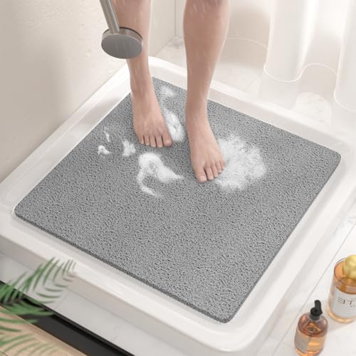 HITSLAM Alfombra Ducha Antideslizante, 53x53cm Alfombra de bañera Antideslizante Sin ventosas, Suave PVC Lufa Alfombra baño, Secado Rápido, Drenaje eficiente, Gris