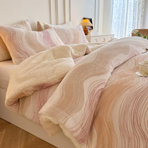 Image of Tufted Fleece Comforter Set Queen- Super Soft Warm Fluffy Shaggy Bedding Sets, Wavy Lines Jacquard Bed Set for Winter, 1 Sherpa Comforter with 2 Pillow Cases (90 inchX90 inch Pink Wavy)