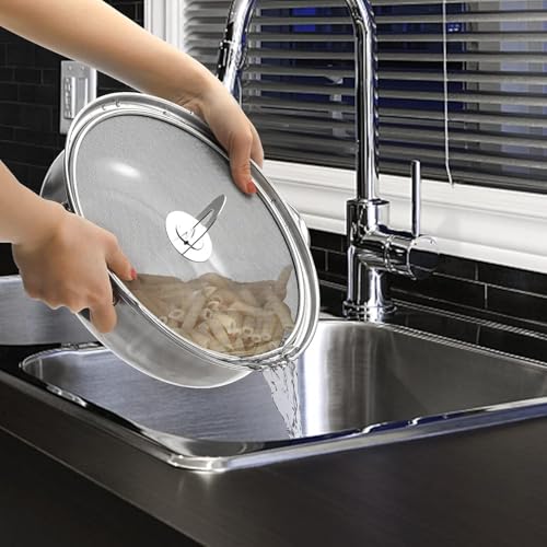 Image of Splatter Screen for Cooking - Stainless Steel Grease Splatter Guard for Frying Pan with Foldable Knob, As a Strainer Set of 3(10 inch, 11.5 inch, 13 inch), Dishwasher Safe