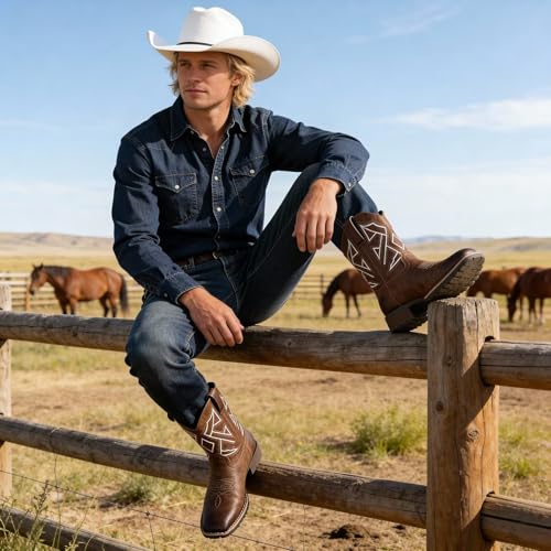 Image of Cowboy Boots for Men Western Square Toe Embroidered Slip Resistant Durable Ankle Boots for Spring Fall