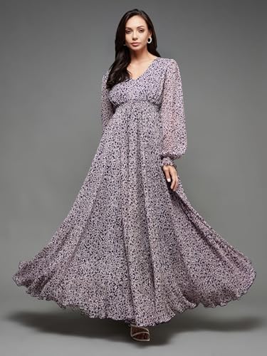 Image of Miss Chase Women's Multicolored-Base-Brown Relaxed Fit Maxi Lurex Chiffon Dress