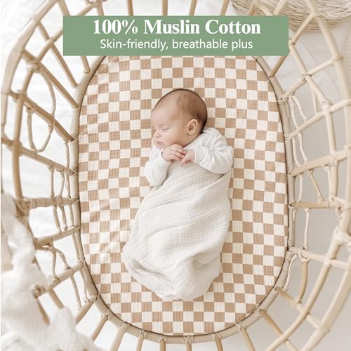 Image of Baby Muslin Bassinet Sheets 3 Pack for Boys & Girls, Soft Breathable Cotton Bassinet Mattress Cover, Universal Fit for Hourglass, Oval, and Rectangle Mattress (Milky Coffee)