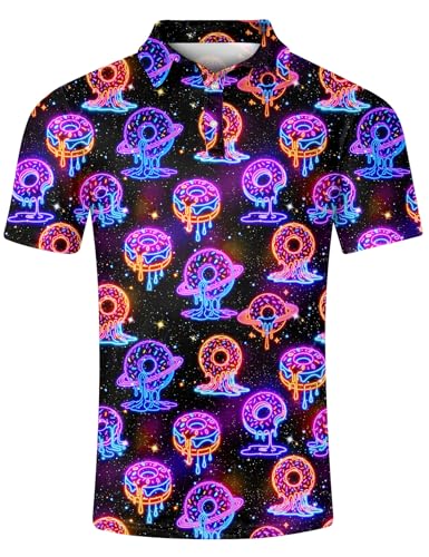 Uideazone Neon Polo Shirts For Glow Party Galaxy Donut Golf Shirt Short Sleeve For Mens Performance Casual Golf Polos Size L