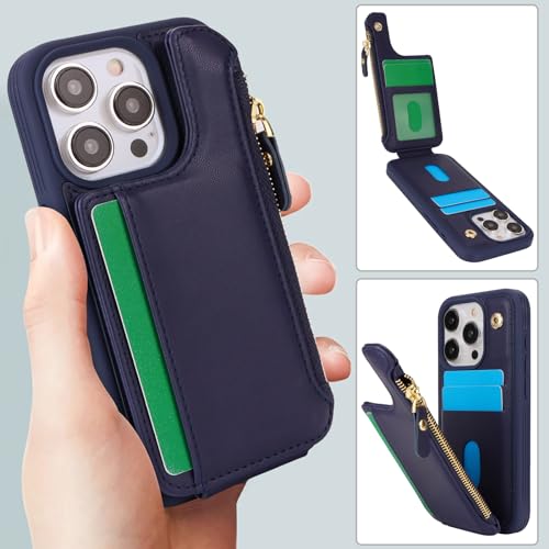 Image of Cavor for iPhone 13 Pro Case with Card Holder,for iPhone 13 Pro Wallet Case for Women Men,Leather Magnetic Clasp Zipper Pocket Protective Phone Cover-Blue