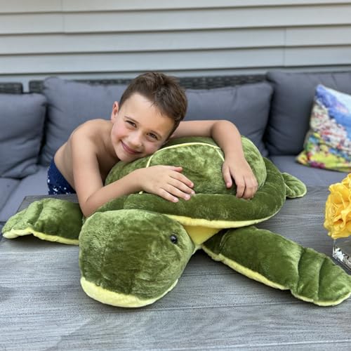 Image of MorisMos 33 Inch Giant Sea Turtle Stuffed Animal Plush Pillow, Large Soft Turtle Plush Toy for Kids, Boys, Girls and Ocean Animal Lovers, Cuddly Green Turtle Pillow for Birthday