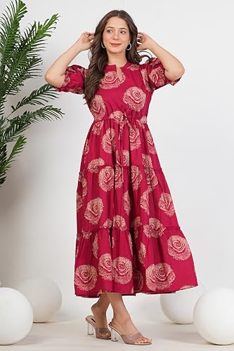 Image of Monique Brand Women's /Girls Cotton Kurta for Women Floral Printed Regular Fit Anarkali Kurta ||Floral Flared Western Dress