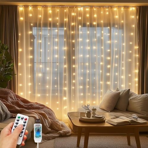 Image of MIRADH 300 LED Fairy Curtain String Lights 9.8Ftx9.8Ft - USB Powered Remote-Controlled Backdrop, Warm Ambience for Diwali, Navratri, Christmas & New Year Decor, (Yellow)