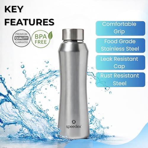 Image of Speedex Stainless Steel Water Bottle 1 Ltr, Leak Proof Screw Cap, BIS Approved 1000 ml Metal Bottle For Daily, Office, School, Gym, Travel Use for Men, Women, Kids, Adults, Silver, Set of 4
