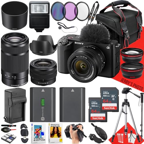 Sony ZV-E1 Mirrorless Camera with Sony FE 28-60mm f/4-5.6 and Sony E 55-210mm f/4.5-6.3 OSS Lens + 2PC 64 GB Memory + Spider Tripod + Case + Extra Battery + More (34pc Bundle) (Renewed)