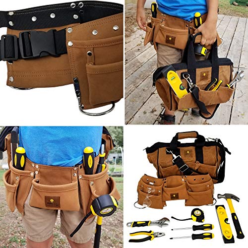 SparkJump Deluxe Kids Tool Set with Real Hand Tools, Durable Water Resistant Canvas Kids Tool Bag, Real Leather Kids Tool Belt Fits Waist 20\"-32\", Kids Real Tool Set for DIY and Home Woodworking
