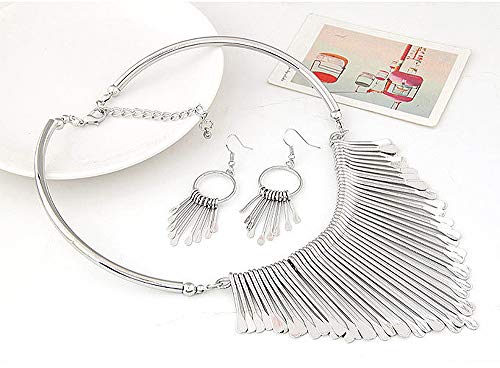 Juland Statement Bib Necklace with Metal Fringe Drop Choker Necklace Earrings Set Fashion Bohemian Punk Ethnic Style for Women and Girls - Silver - Thumbnail 3