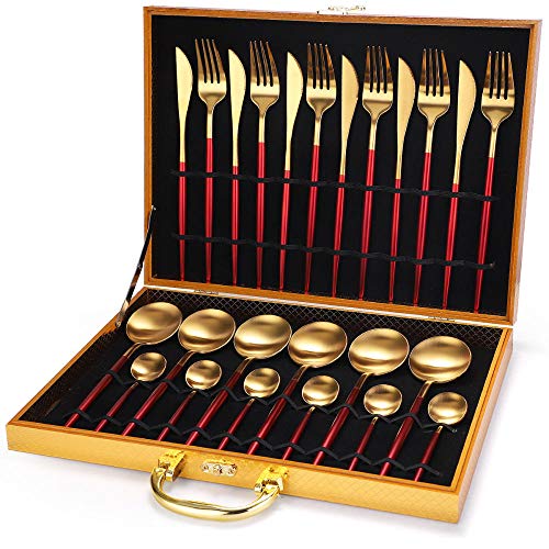 Miminuo Couvert De Table,Cuillère à Couverts en Acier Inoxydable Vaisselle 24 pièces Set boîte en Bois Coffret Cadeau-Ensemble de 24 pièces en Or Rouge