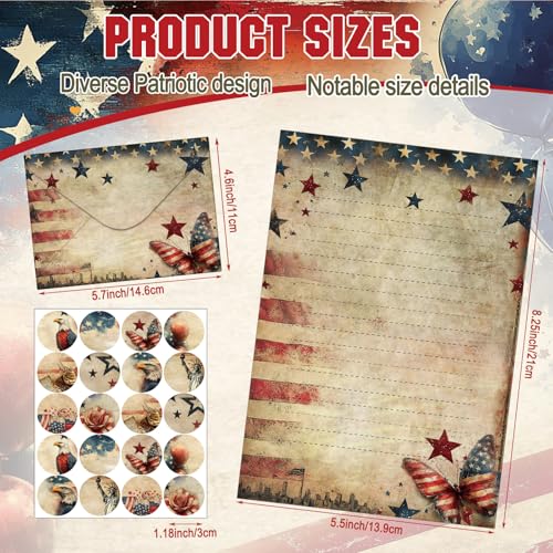 Image of TaoBary 160 Pcs Retro Patriotic Stationery Paper and Envelopes Set | 5.5 x 8.25'' Letter Writing Kit, 50 Double Sided Stationery Writing Papers 50 Matching Envelopes 60 Round Dot Sticker