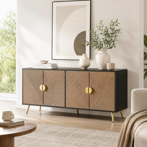 OLIVIBED Aparador de 160 cm para salón, aparador con 4 puertas y patas de mesa, armario para salón, comedor, color negro y grano de madera