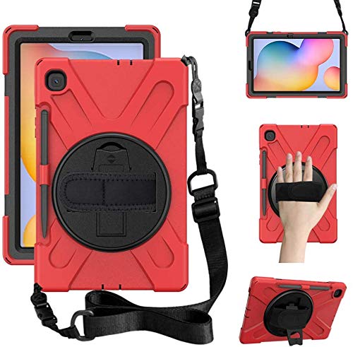 HerizeSamsung Galaxy Tab S6 Lite Case 10.4 Inch 2024/2022 SM-P620/P625/P613/P619 SM-P610/P615 Case with Pen Holder | Heavy Duty Shockproof Durable Protective Cover with Stand Shoulder Strap Red