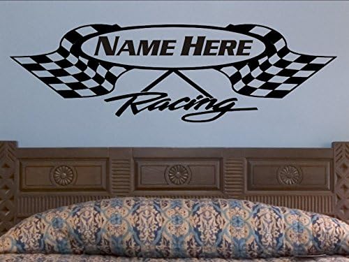 Crossed Checkered Flag Wall Decal Personalized Racing Flags Wall Sticker Nursery Man Cave Decoration Boys Bedroom Race Theme Decor Bed Room