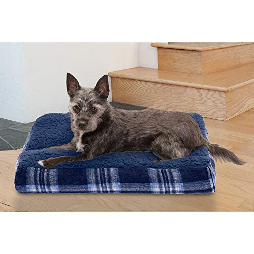 Image of Furhaven Pillow Dog Bed for Small Dogs w / Removable Washable Cover - Sherpa & Plaid Flannel Mattress - Midnight Blue, Small