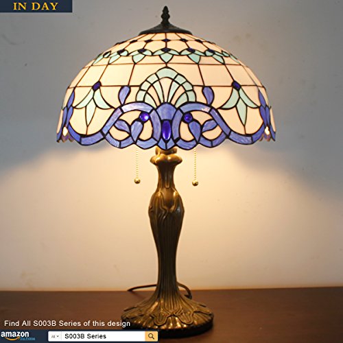 Werfactory Tiffany Lamp Blue Navy White Stained Glass Baroque Bedside Table Lamp Style Desk Light Metal Base 16X16X24 Inches Decor Bedroom Living Room Home Office S003B Series (Navy) #TOP20