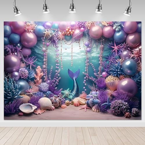 Mocsicka Mermaid Backdrop-Under The Sea Purple Blue Ocean Backdrop Mermaid Theme Baby Shower Birthday Party Decorations Background Studio Props (7x5ft)