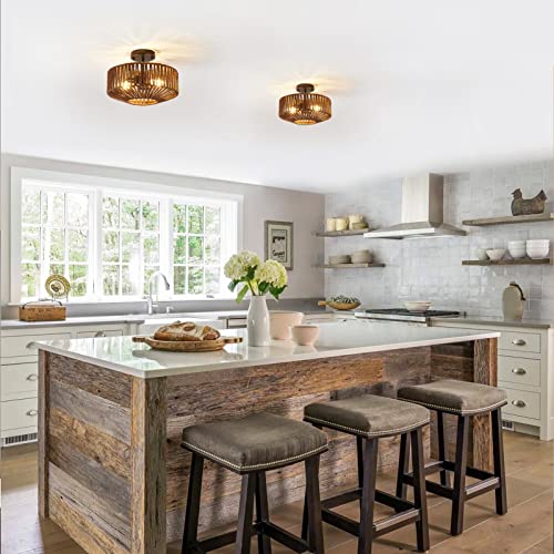 Hummingbird Boho Light Fixture Ceiling Mount Rattan Semi Flush Mount Ceiling Light,15'' Hand Woven Bamboo Wicker Cage Lampshade,Farmhouse Close To Ceiling Light For Bedroom Kitchen Hallway #TOP2