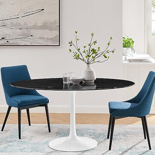 Image of Modway Lippa Oval 60 inch Artificial Marble Mid-Century Modern Dining Table in White Black